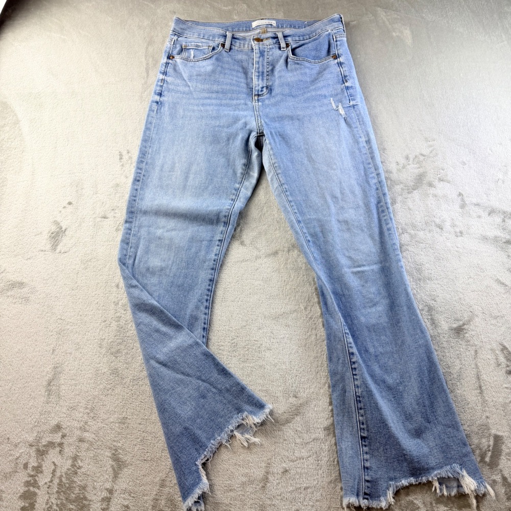 LOFT High Waist Flare Crop Jeans Light Wash Blue Size 6 28 Raw Hem Distressed